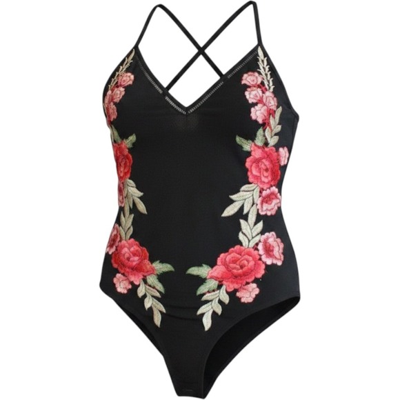 SEEK THE LABEL Tops - SEEK the Label Floral Embroidered Bodysuit Black Strappy Back Festival Boho M